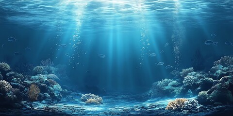 Naklejka premium Peaceful underwater scene shows vibrant coral reef with colorful fish swimming in sunlight Perfect for nature documentaries or aquarium backgrounds