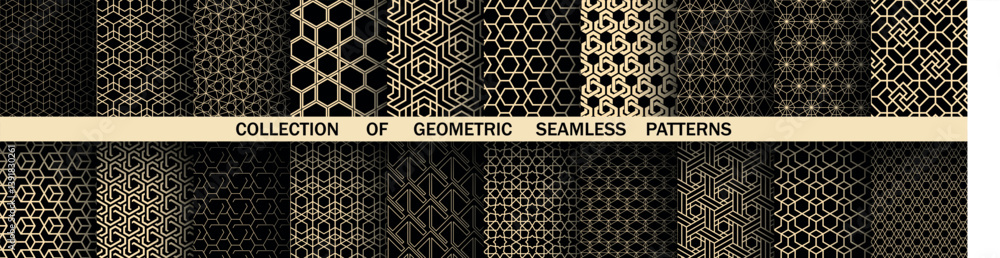 Poster Geometric set of seamless black and golden patterns. Simple vector graphics