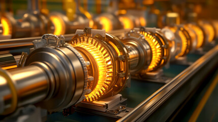 Fototapeta premium Industrial machinery with glowing components in a factory setting.