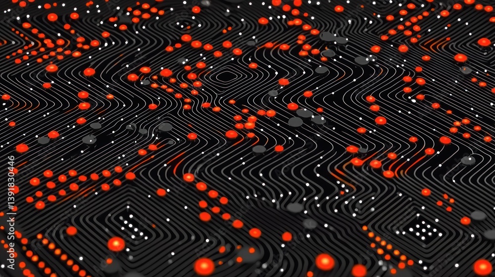 Poster abstract circuit board design: red and black nodes network