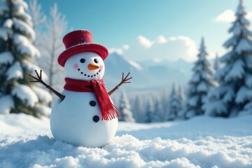 Obraz premium A cheerful snowman stands in the middle of a picturesque winter wonderland surrounded by snow-covered trees and fluffy white clouds, snowflakes falling, winter wonderland