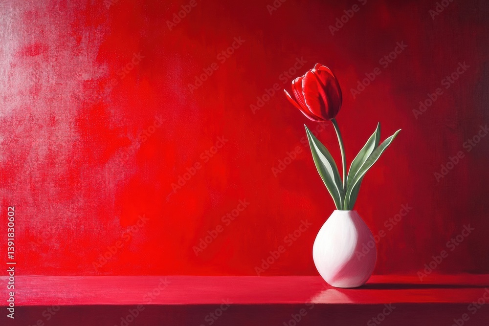 Poster beautiful red tulip in a white vase against a vivid red background creating a striking visual effect