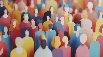 Colorful paper cutouts of diverse people stand together in large group. Concept of unity, togetherness in community. Diverse audience teamwork, social gathering. People of different ethnicities, body
