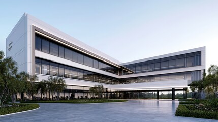 Obraz premium A modern 3D office building with a courtyard, soft dawn light, offset left with copy space on the right, inviting advertising look