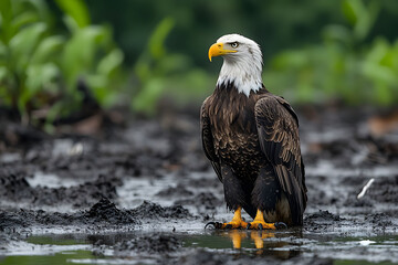 Fototapeta premium Majestic Bald Eagle Stands in Natural Wetland Habitat Amid Verdant Foliage