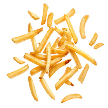 Batatas fritas crocantes cai ndo no ar, flutuando no ar, isoladas em fundo branco. Comida, fritura. Papas fritas. French fries on a white background.