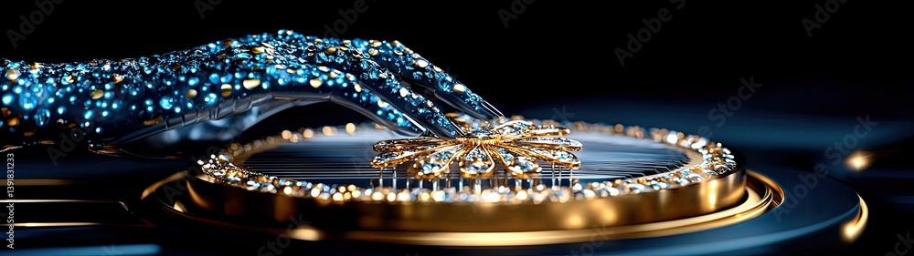 Poster glimmering robotic hand with gems touching luxurious gold and blue orb in futuristic setting, showca