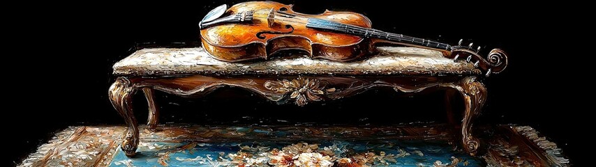 Obraz premium Exquisite Vintage Violin Resting on Ornately Decorated Antique Table Surrounded by Elegant Textiles with Artistic Flair and Rich Colors
