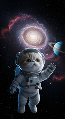 Adorable Astronaut Cat Exploring Galaxy and Planets Cute Space Illustration, Stars and Cosmos.