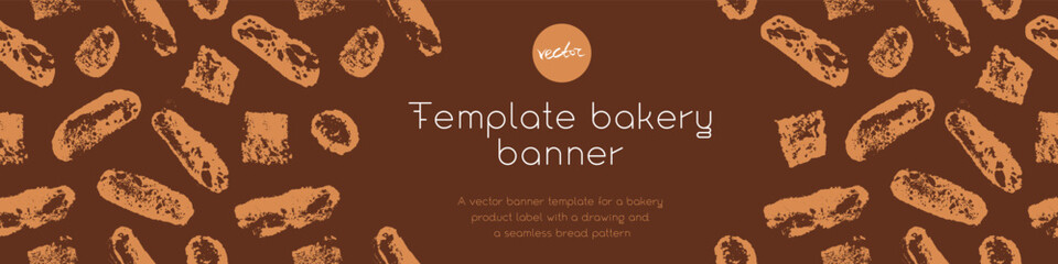 Template bakery banner design with bread pattern - vector brown bread slices ornament, white baguette illustrations - rustic food concept - bakery products label background