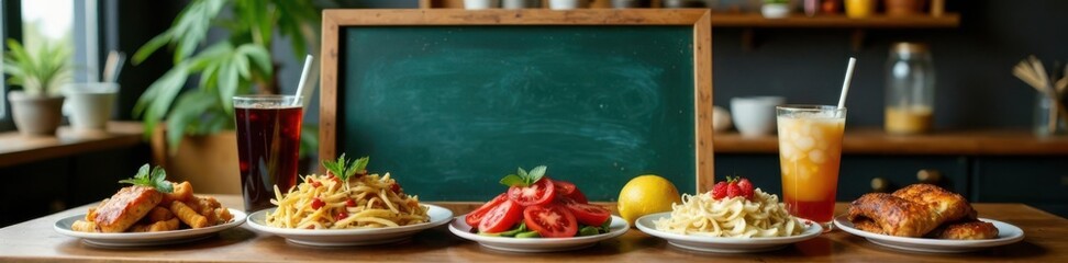 Colorful chalkboard display of tasty meals and drinks on a wooden table in a cozy cafe setting, drink, food