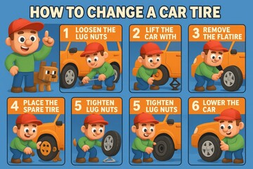 Mechanic demonstrating flat tire replacement process, removing lug nuts, using jack, changing wheel on roadside with professional precision and safety