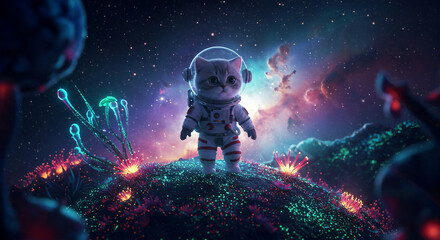 Adorable Astronaut Cat in Space Stellar Adventure with Cosmic Nebulae, Alien Planets, and Space Exploration.