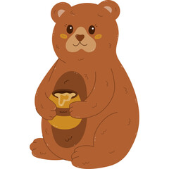 Fototapeta premium Lovely cartoon sitting bear with honey pot with dripping gold syrup. Joyful hand drawn wild animal character who love sweets. Cheerful teddy bear holding honey jar isolated on white background.