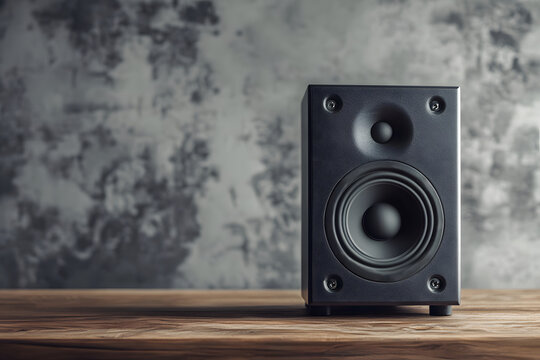 Front view of black speaker in sharp focus placed on wooden counter with textured concrete loft wall in background, styled for modern tech branding and indoor lifestyle visuals.