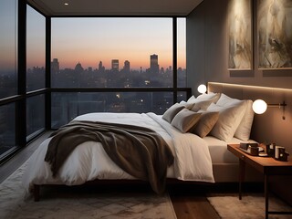 Modern Luxurious Bedroom Interior with Bed and Windows in a Stylish Apartment