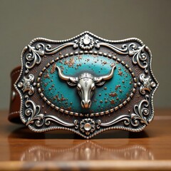 Distressed leather rodeo belt buckle with intricate metalwork and ornate design, vintage rodeo, cowboy gear
