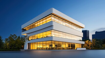 Obraz premium A futuristic 3D office building with illuminated windows, night backdrop, offset left with copy space on the right, bold poster appeal