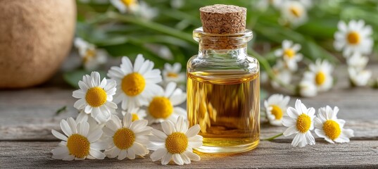 Chamomile Essential Oil in Glass Bottle, Surrounded by Fresh and Dried Chamomile Flowers