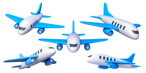 3D airplanes from different angles. Symbol of air transport and travel by plane
