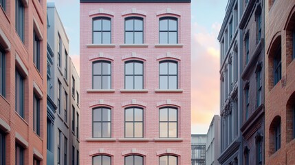 Fototapeta premium A 3D office building with a brick facade, soft sunrise tones, centered with text space below, warm advertising style