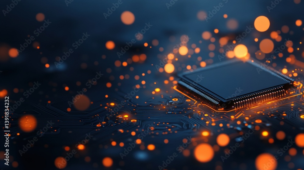 Poster A futuristic microchip glows brightly on a circuit board with bokeh light effects adding a technological feel.