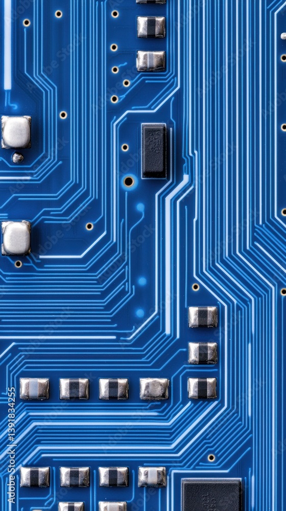 Poster detailed close-up shot of a blue circuit board showcasing intricate electronic components and pathwa