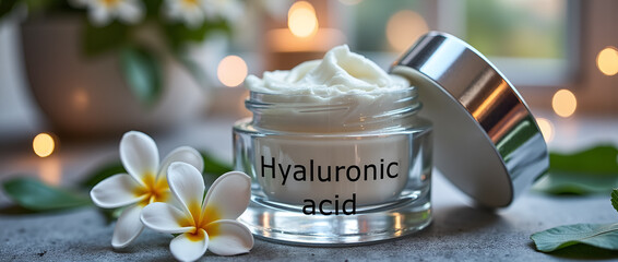 Elegant product shot of hyaluronic acid cream in a jar with flowers and soft, bokeh background