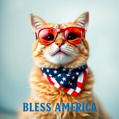  Fourth of July cat with American flag accessories and Bless America' message Created by Generative AI