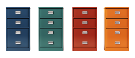 Pack of Filing Cabinet set of Five Different Poses set Against Transparent Background for Office Organization, Furniture Branding, or Storage Design Projects