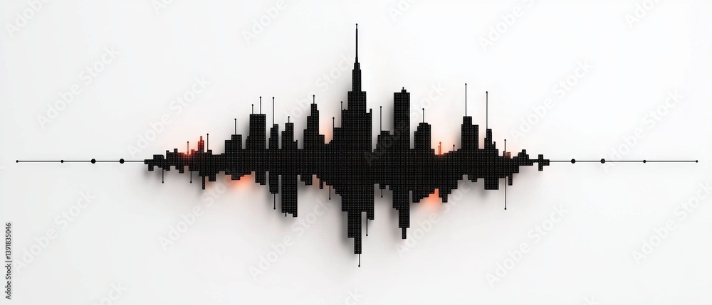 Poster a stylized cityscape skyline graphic design digitally rendered in black on white background showing 