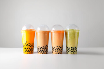 Colored bubble tea drinks in plastic cups with tapioca balls on white background. Refreshing drinks for summer menu, advertising or promotion of Asian drinks