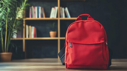 Red backpack sitting on a wooden floor in front of a bookshelf with books and a potted plant