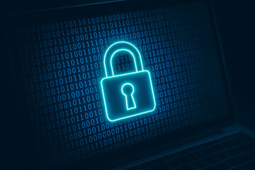A digital padlock glowing on a computer screen with a matrix of binary code in the background, dark tech theme