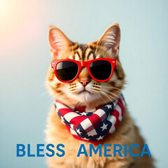  Fourth of July cat with American flag accessories and Bless America' message Created by Generative AI