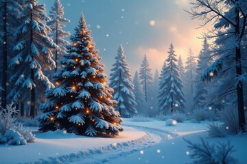 Naklejka premium Snowy forest scene with a large Christmas tree at the center, snowy forests, Christmas trees