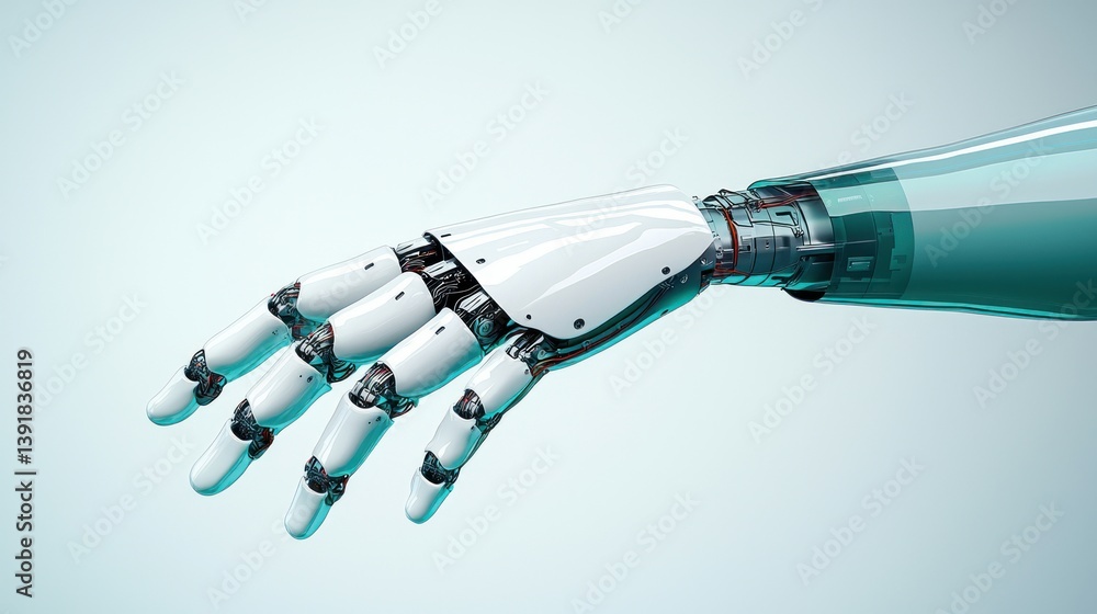 Poster a futuristic robotic hand extends its fingers in a gentle grasping gesture against a light blue back