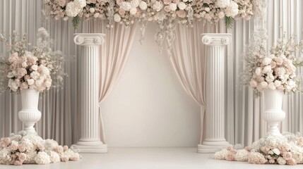 Elegant floral archway, wedding backdrop, romantic decor, neutral tones, perfect for a photoshoot