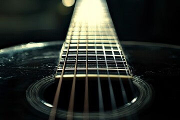 Obraz premium Close Up of Acoustic Guitar Neck and Strings with Soft Lighting