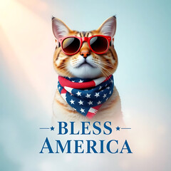  Fourth of July cat with American flag accessories and Bless America' message Created by Generative AI