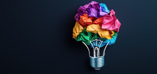A creativity light bulb filled with colorful crumpled papers. teamwork turns crumpled ideas into visionary solutions - collaborative brainstorming fuels project development from planning to execution