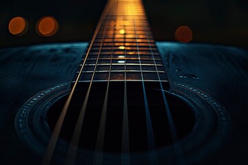Fototapeta premium Acoustic Guitar Detail with Strings and Bokeh Lights Soft Background