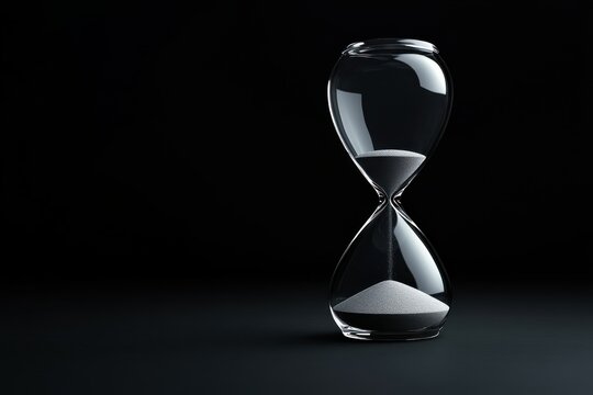 a classic hourglass, highlighting the flowing sand and elegant glass design against a dark background, we witness minutes becoming history, a beautiful countdown to every scheduled moment