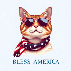  Fourth of July cat with American flag accessories and Bless America' message Created by Generative AI