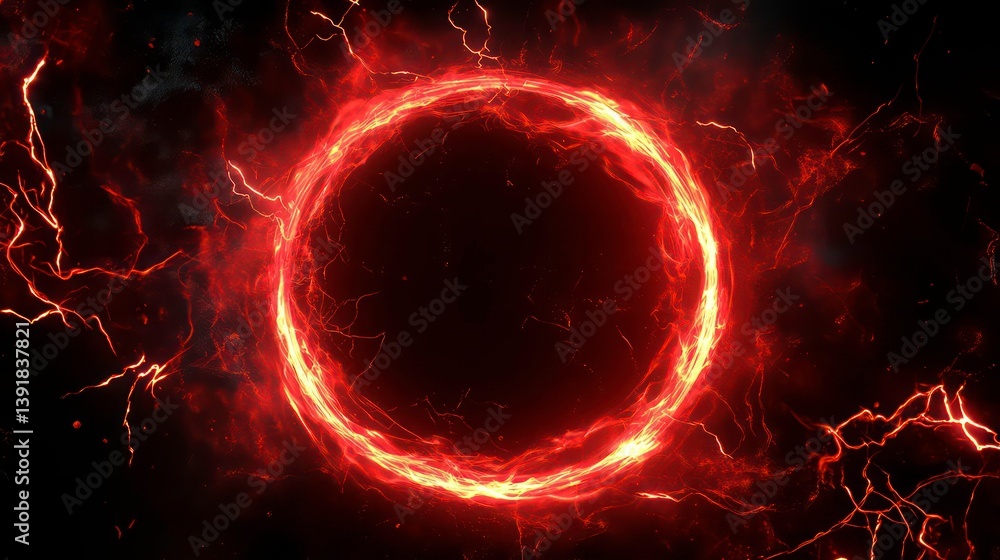 Poster red abstract circle with swirling glow particles. plasma lightning effect on black background. power