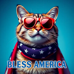  Fourth of July cat with American flag accessories and Bless America' message Created by Generative AI