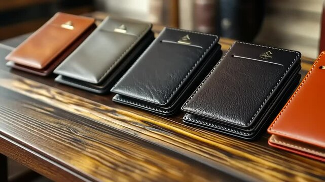 A row of stylish leather wallets on a wooden table, showcasing craftsmanship and design
