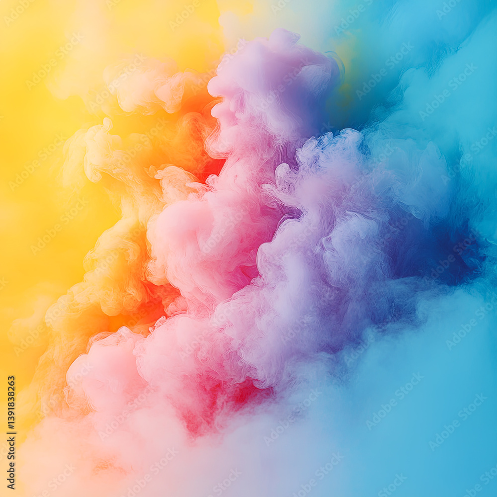 Poster digital illustration of an aerial cloud of colored smoke. warm yellows, oranges and pinks blend seam