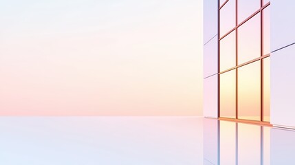 A 3D office building with a reflective base, warm sunset tones, offset right with text space on the left, inviting commercial appeal