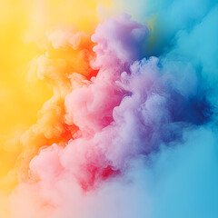 Digital illustration of an aerial cloud of colored smoke. Warm yellows, oranges and pinks blend seamlessly with cool blues and purples to create expressive shimmers of color